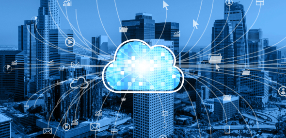 Digital cloud icon above a city skyline representing AWS cloud access