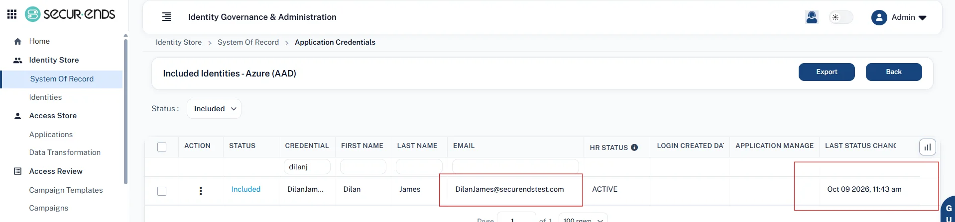 SecurEnds identity store showing Dilan James included from Azure AD