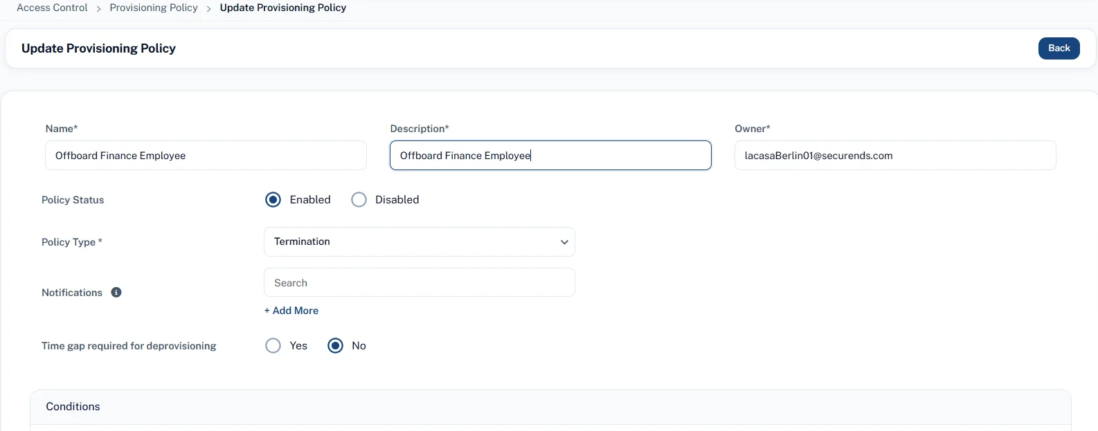 Termination provisioning policy configuration