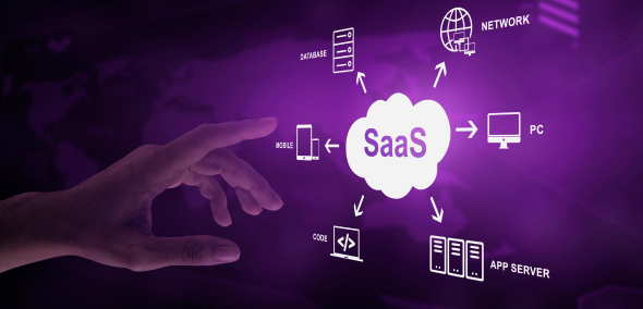 Hand pointing at a SaaS cloud icon surrounded by connected devices