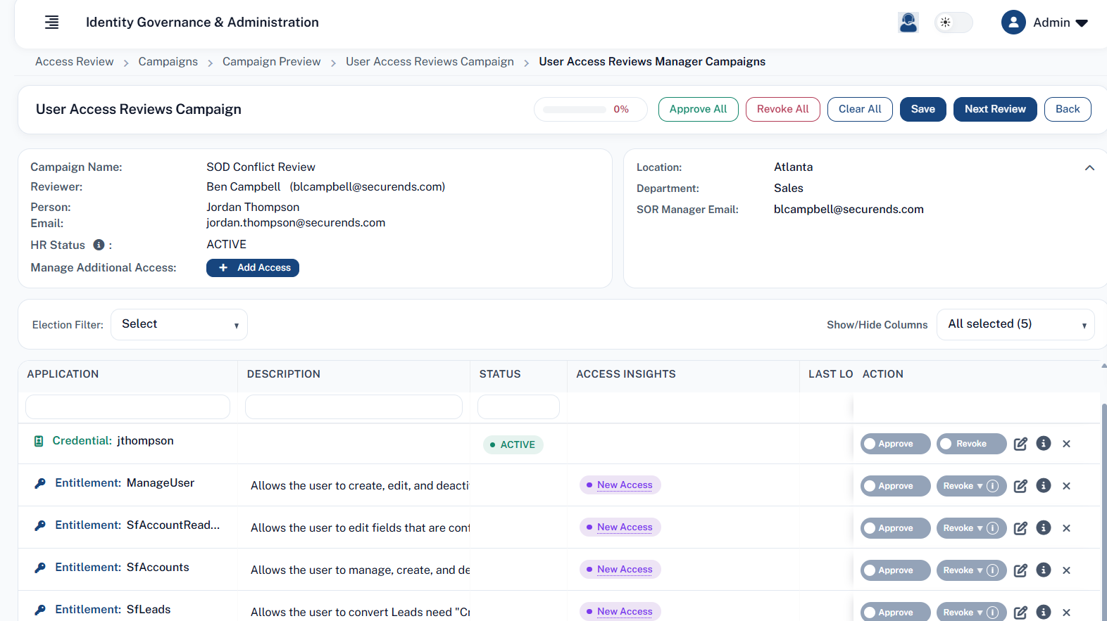 User Access Reviews Campaign Screen