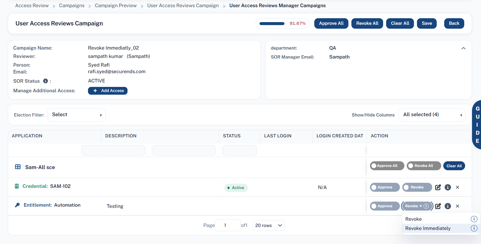 Revoke Immediately Menu / Campaign Review Screenshot