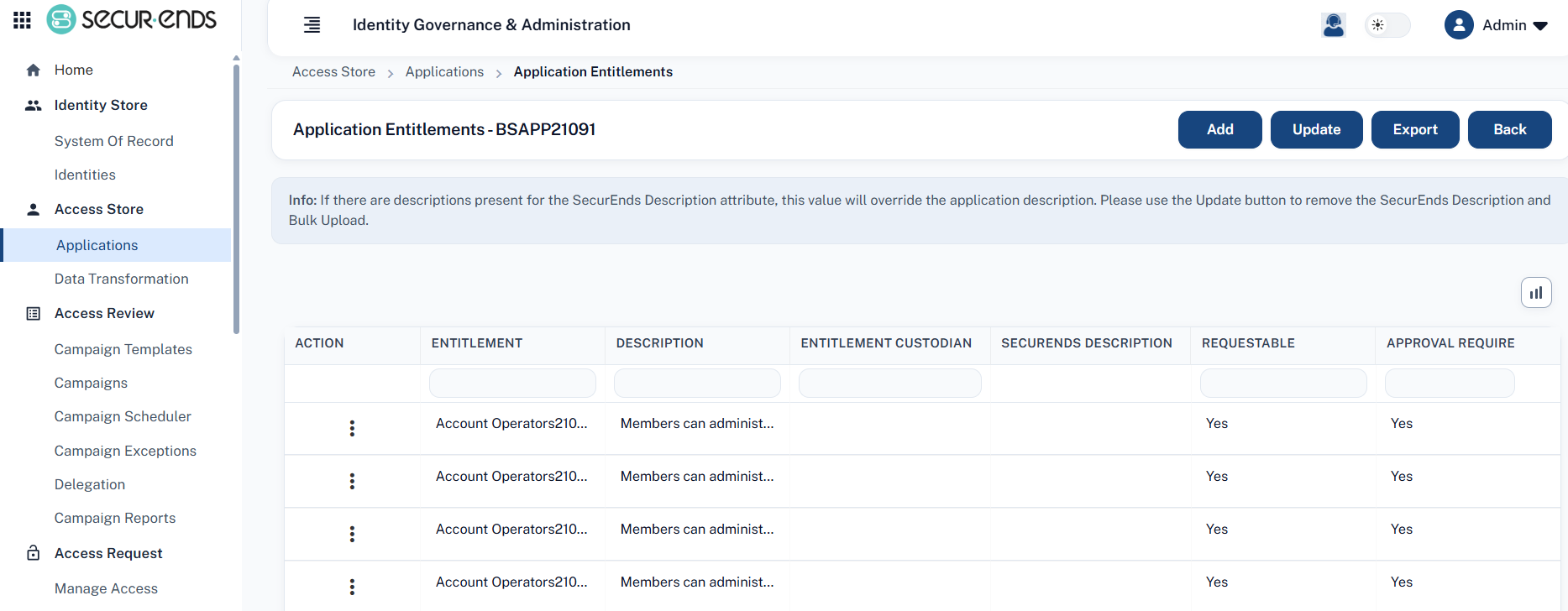 Application Entitlements / Add Entitlement Screen